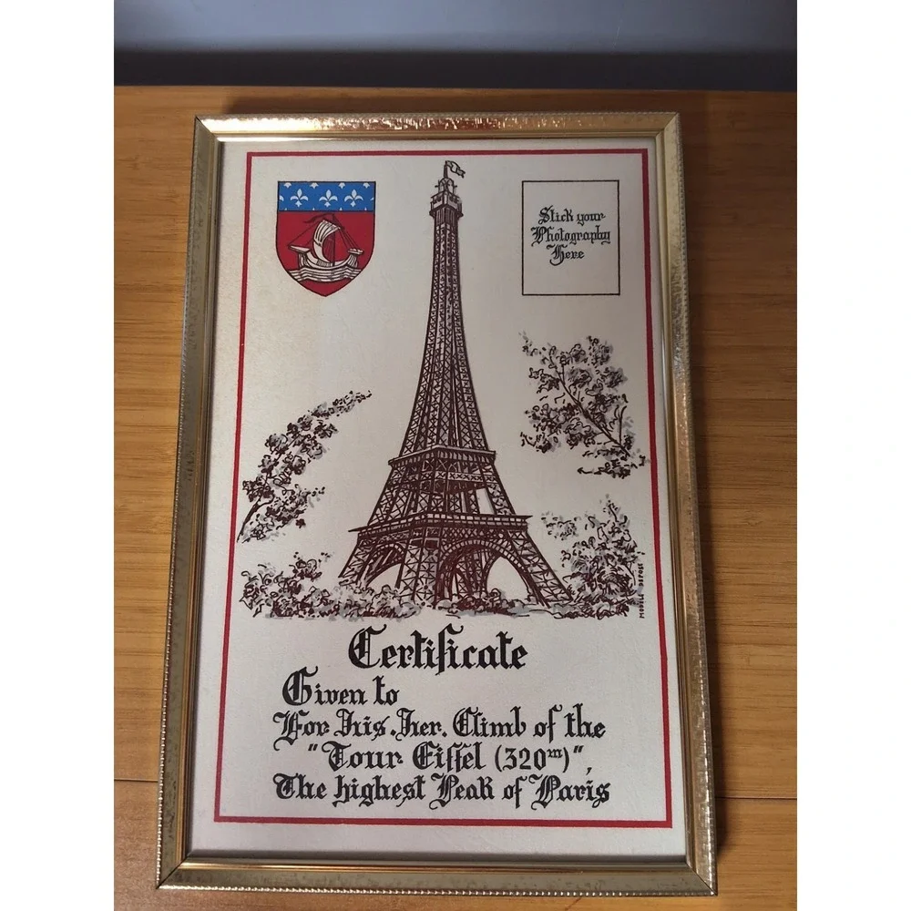 Vintage 8x10 Framed Paris Eiffel Tower Souvenir Certificate.